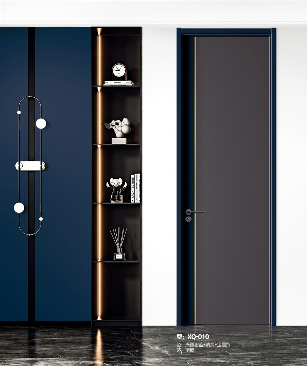 凱洛豪木門XQ-010I-深縹紺藍+清炭+金屬條